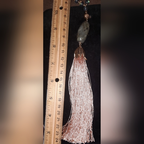 Labradorite, frosted glass gemstone tassel necklace wood beads adjustable signed - Picture 10 of 15